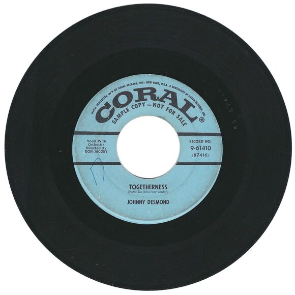 Johnny Desmond 45 RPM - Togetherness / A Straw Hat And A Cane - Coral Promo VG - Picture 1 of 2